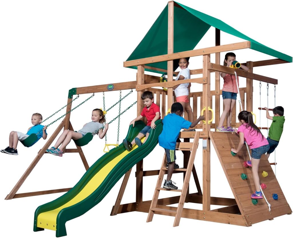 Backyard Discovery Mount Mckinley Cedar Wood Swing Set with Wave Slide, Play Deck, Double Rock Wall, Rope Ladder, Web Swing, Belt Swings, Toy Telescope, Steering Wheel, Sandbox Area, Outdoor Playset