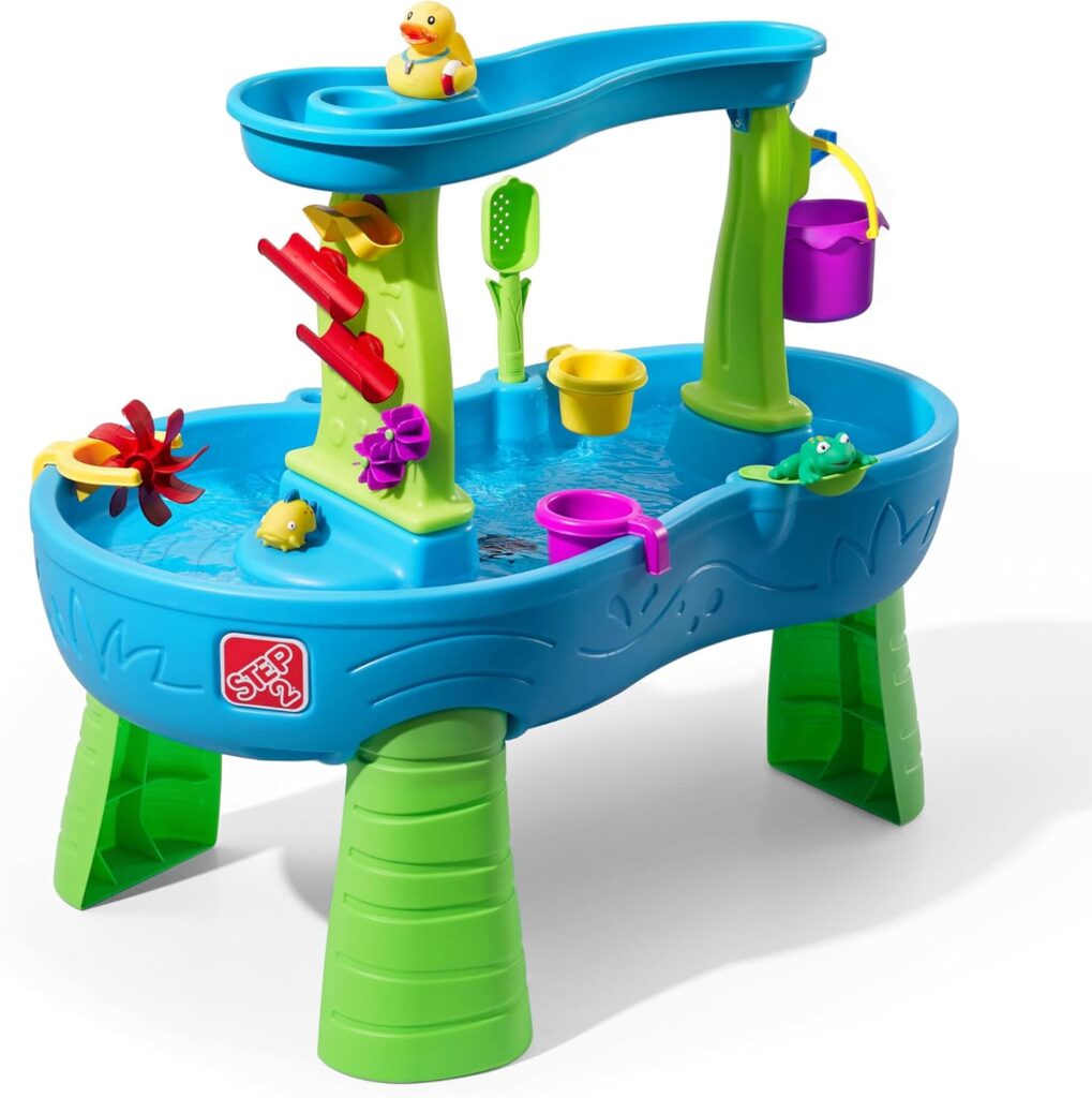 Step2 Rain Showers Splash Pond Water Table, Kids Water and Sand Activity Sensory Playset, Summer Outdoor Toys, 13 Piece Water Toy Accessories, For Toddlers 1.5+ Years Old, Blue & Green