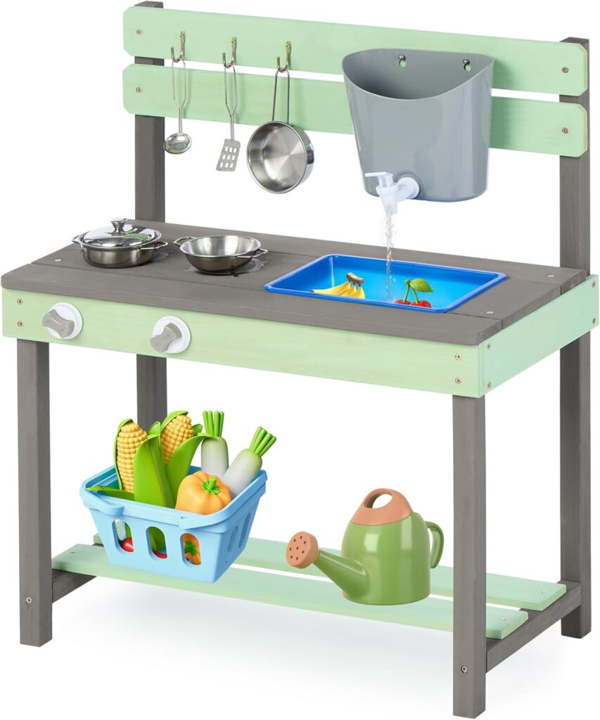 Wooden Kids Play Kitchen, Outdoor Mud Kitchen Playset with Water Play Set and Cooking Toys, Gift for 3+ Years Kid