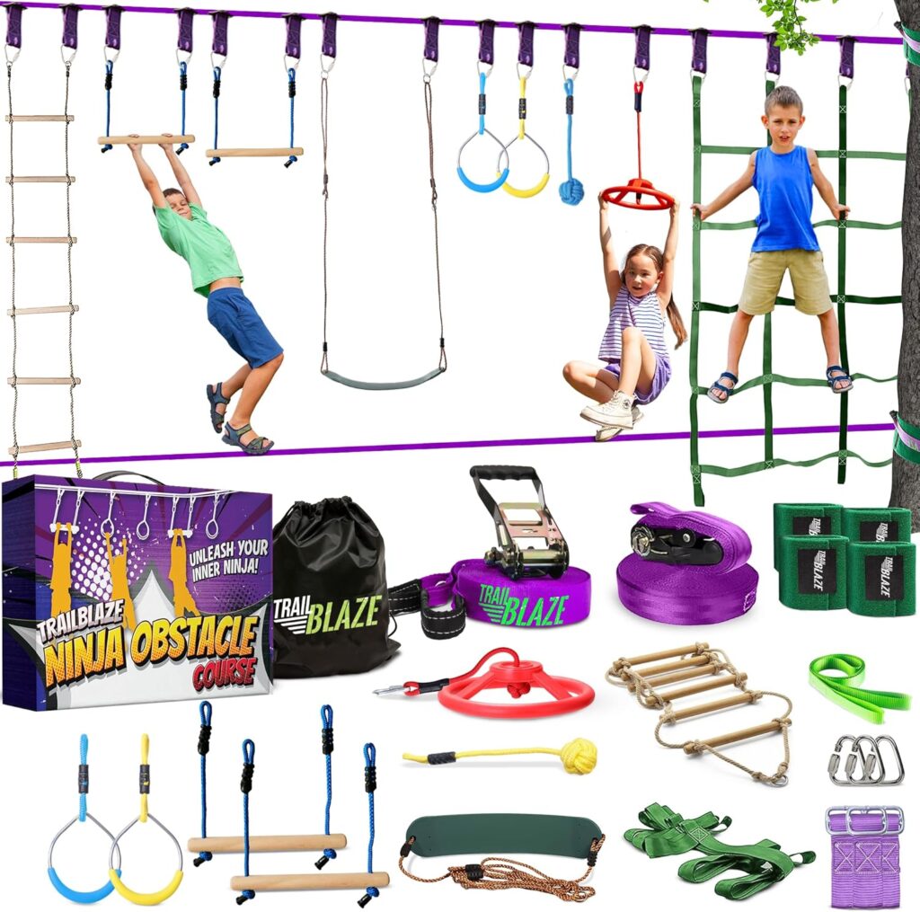 Trailblaze Ninja Warrior Obstacle Course for Kids - Ultimate Outdoor Fun 2x55 Ft Ninja Slackline Climbing Net Rope Ladder Trapeze Swing Monkey Bars - Durable and Safe Ninja Course for Kids Outside