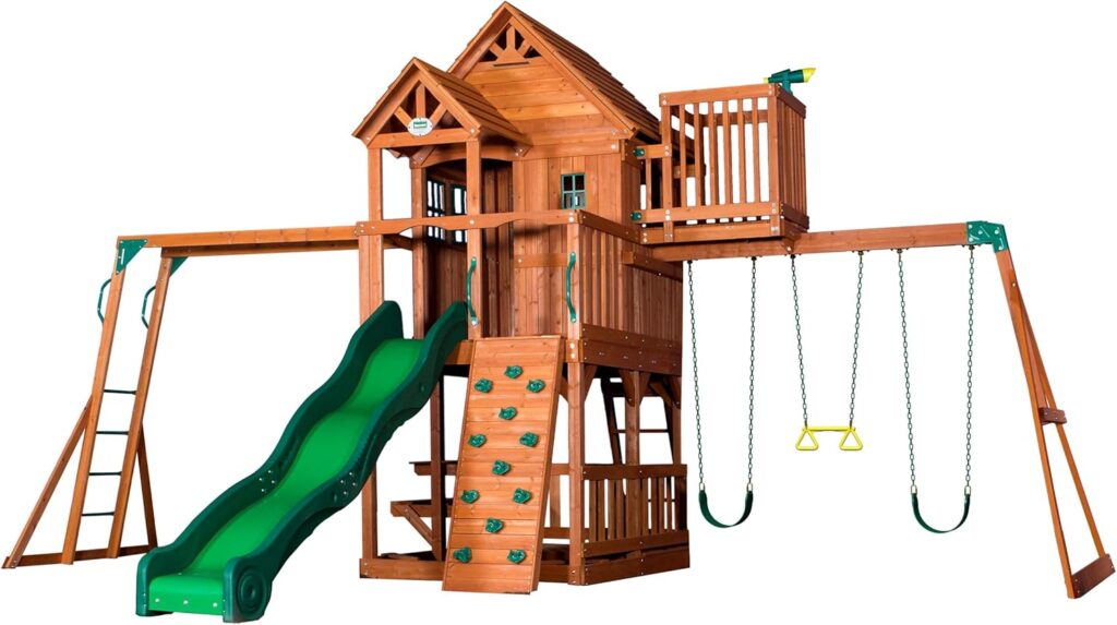 Backyard Discovery Skyfort II Cedar Wood Swing Set with Wave Slide, Raised Clubhouse, Crow's Nest, Monkey Bars, Balcony, Belt Swings, Trapeze, Rock Wall, Picnic Table, Sandbox, Ladder, Outdoor Playset