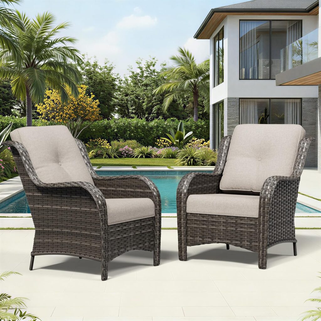 Joyside Patio Chairs Set of 2, Wicker Patio Furniture with High Back, Deep Seating, Wide Armrest, Thickened Cushions, Outdoor Rattan Furniture for Deck, Porch Use