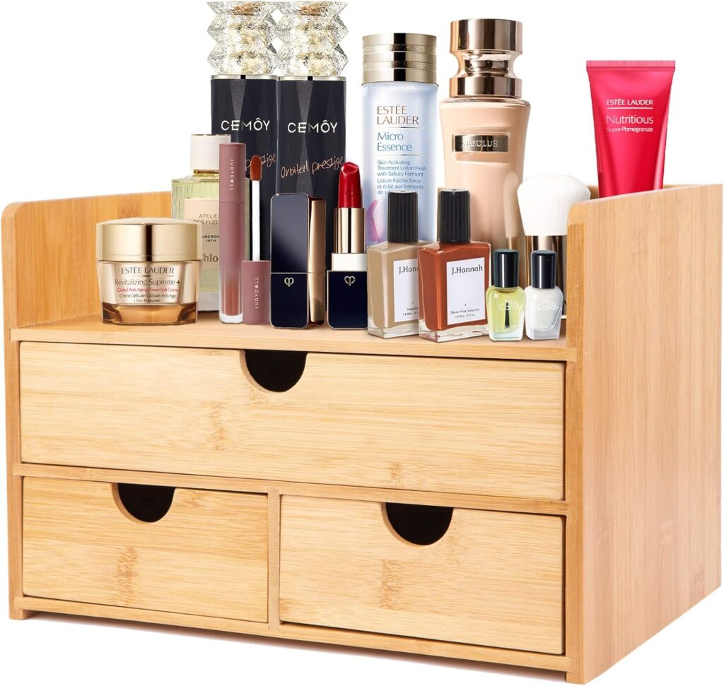 Large Bamboo Makeup Organizer with 1 Drawer and 2 Smaller Drawers, 100+1 Uses, Durable and Smooth