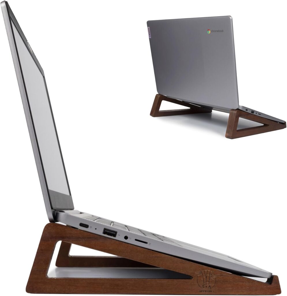 S&A WOODCRAFT Wooden Laptop Stand, Portable Desk Laptop Holder for Tablet with Carry Pouch, Compact Travel Laptop Stand with Protective Silicone Pads, Suitable for Laptops and Tablets