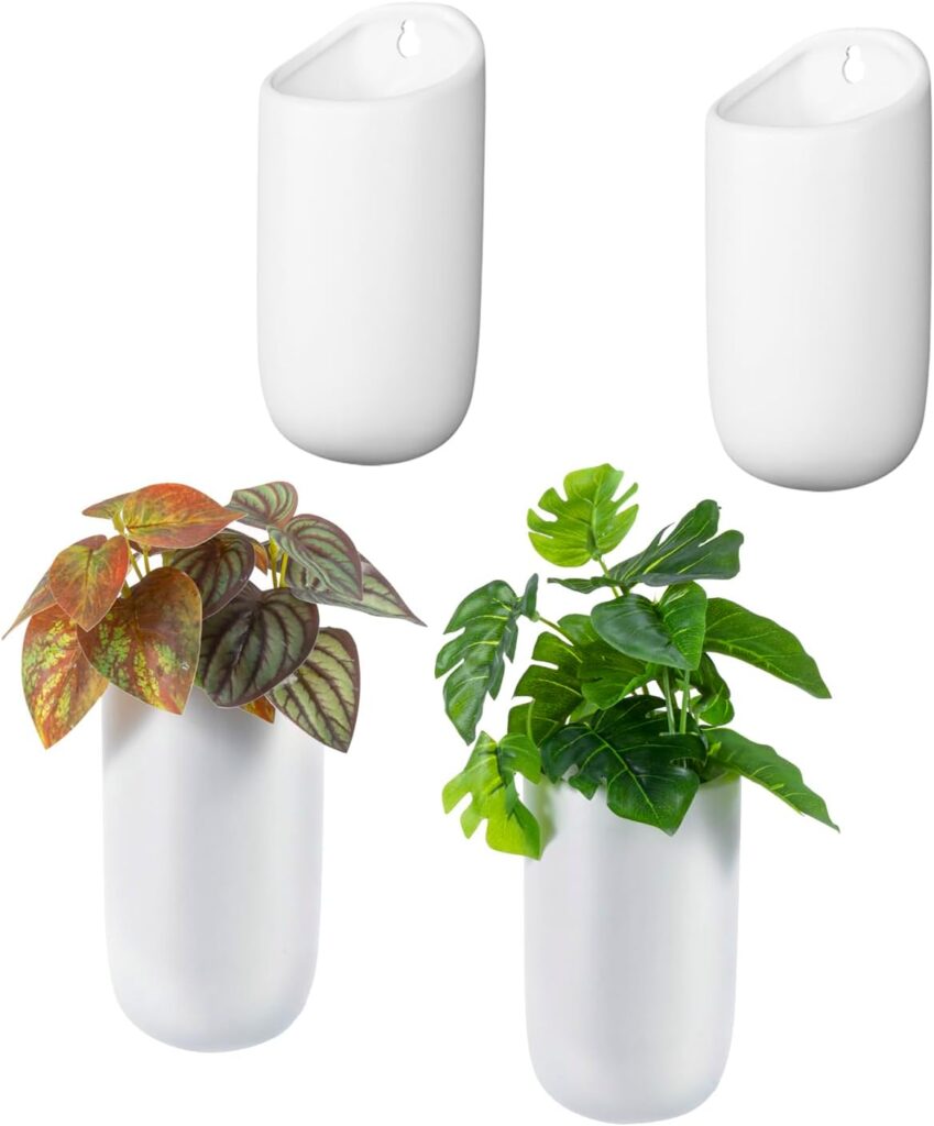 MyGift Set of 4 Mini Matte White Ceramic Indoor Wall Planter, 6 Inch Cylindrical Wall Mounted Hanging Planter Pot for Succulents, Herbs, String of Pearls