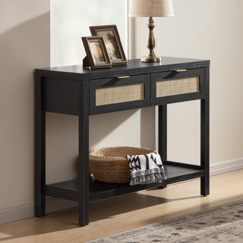 SICOTAS Black Console Table with Rattan Drawers - Boho Rattan Entryway Table with Storage, Small Console Tables for Entryway, Entry Table for Hallway, Sofa Table