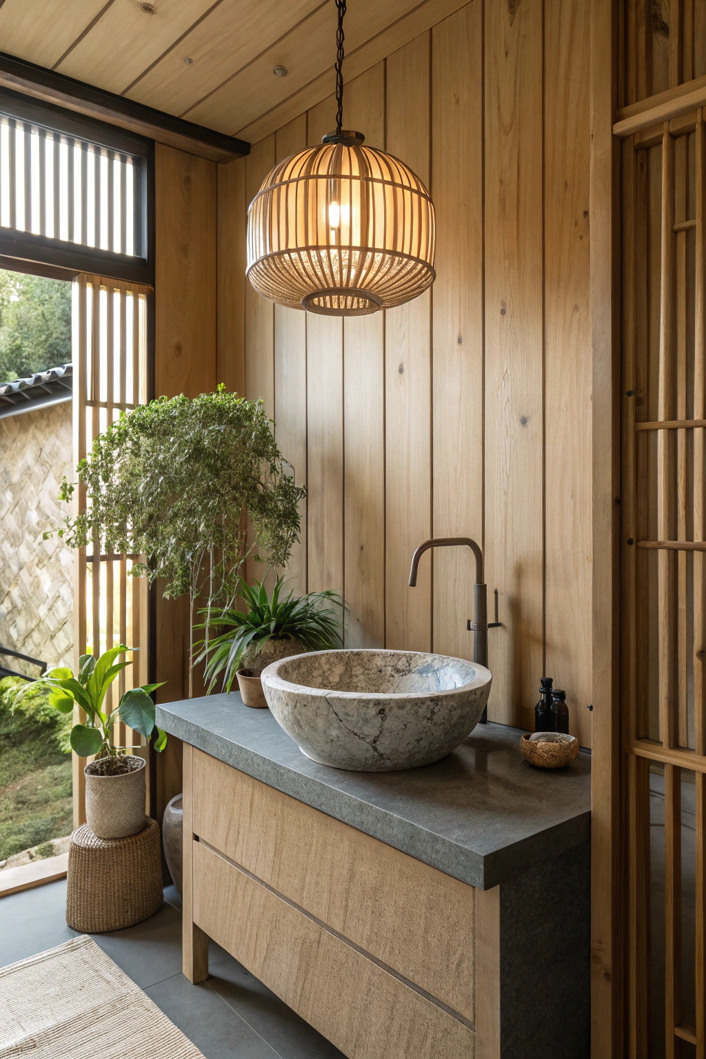 Japandi Bathroom Sink and Lighting