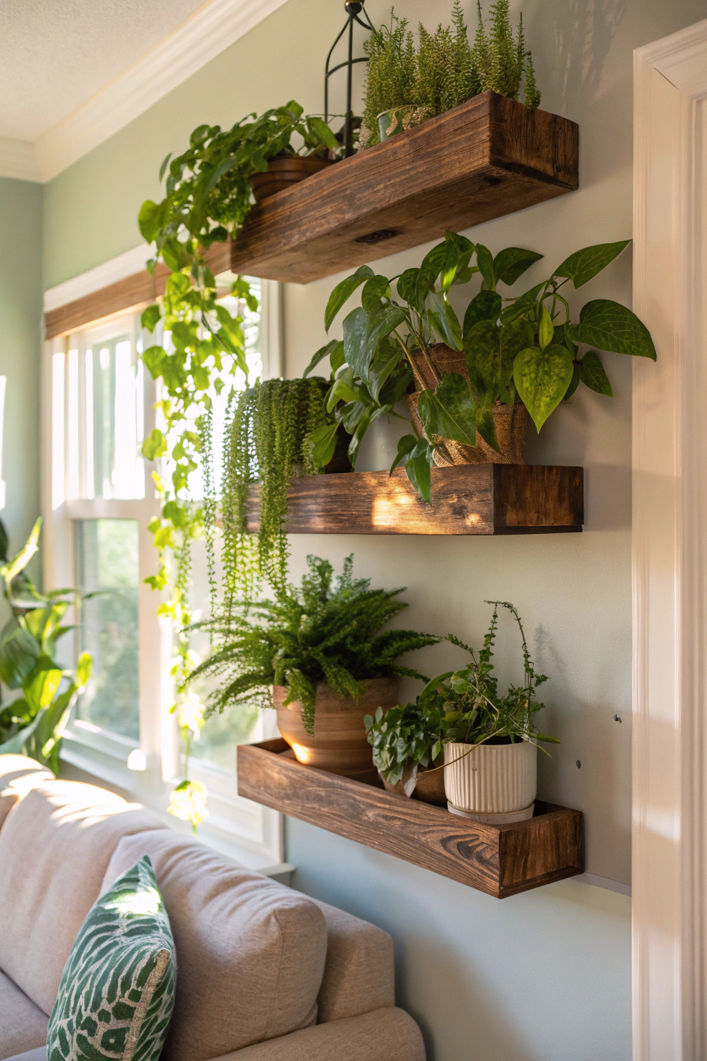 Lush Greenery on Floating Wooden Shelves