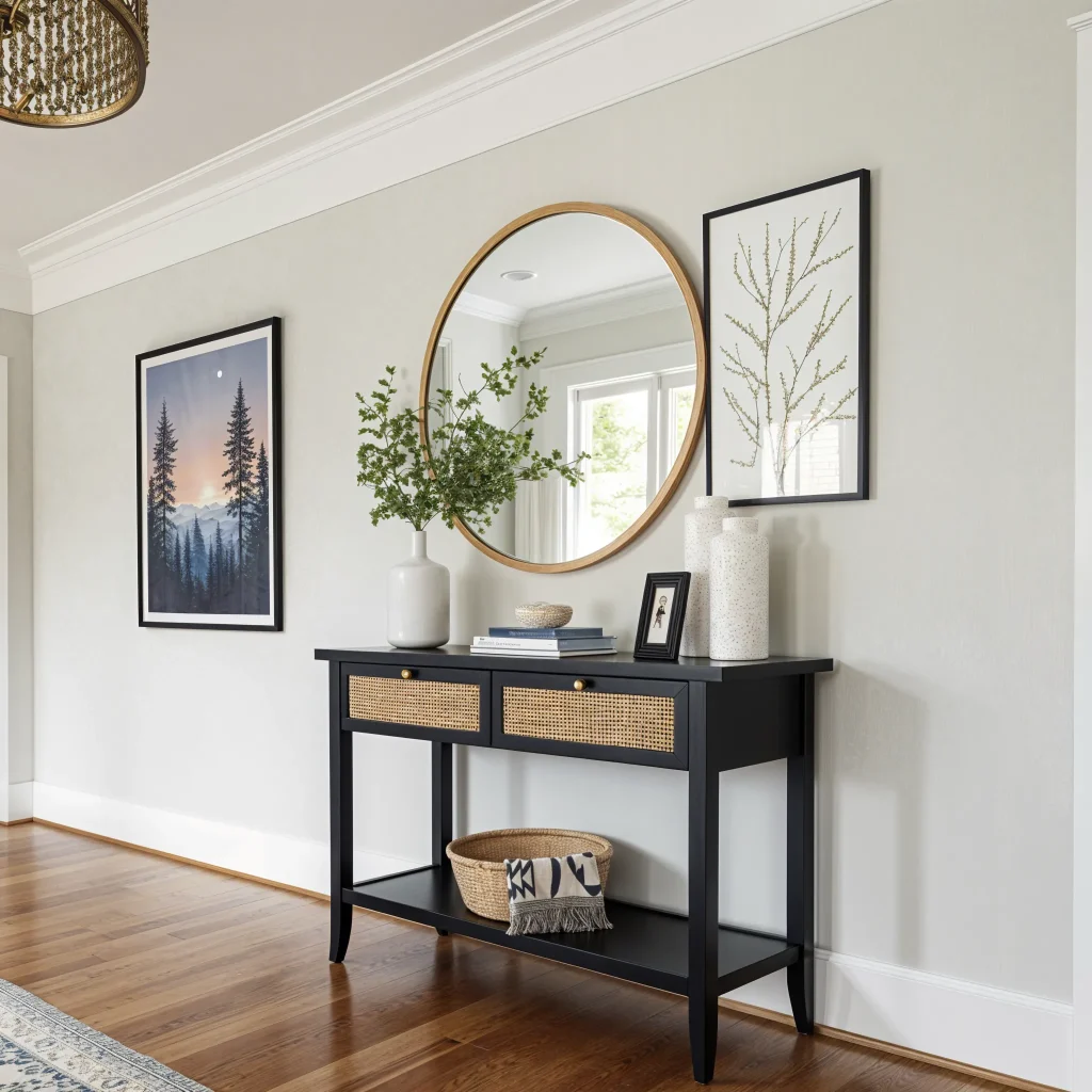 A modern entryway features a black console table with two drawers and a lower shelf, adorned with a woven basket and a patterned blanket. Above the table hangs a large round gold-framed mirror reflecting a window, flanked by two framed art pieces: a botanical print on the right and a forest landscape on the left. A light-colored vase with green foliage, books, and framed photos decorate the table. The room has light green walls, a white ceiling with crown molding, and polished hardwood floors.