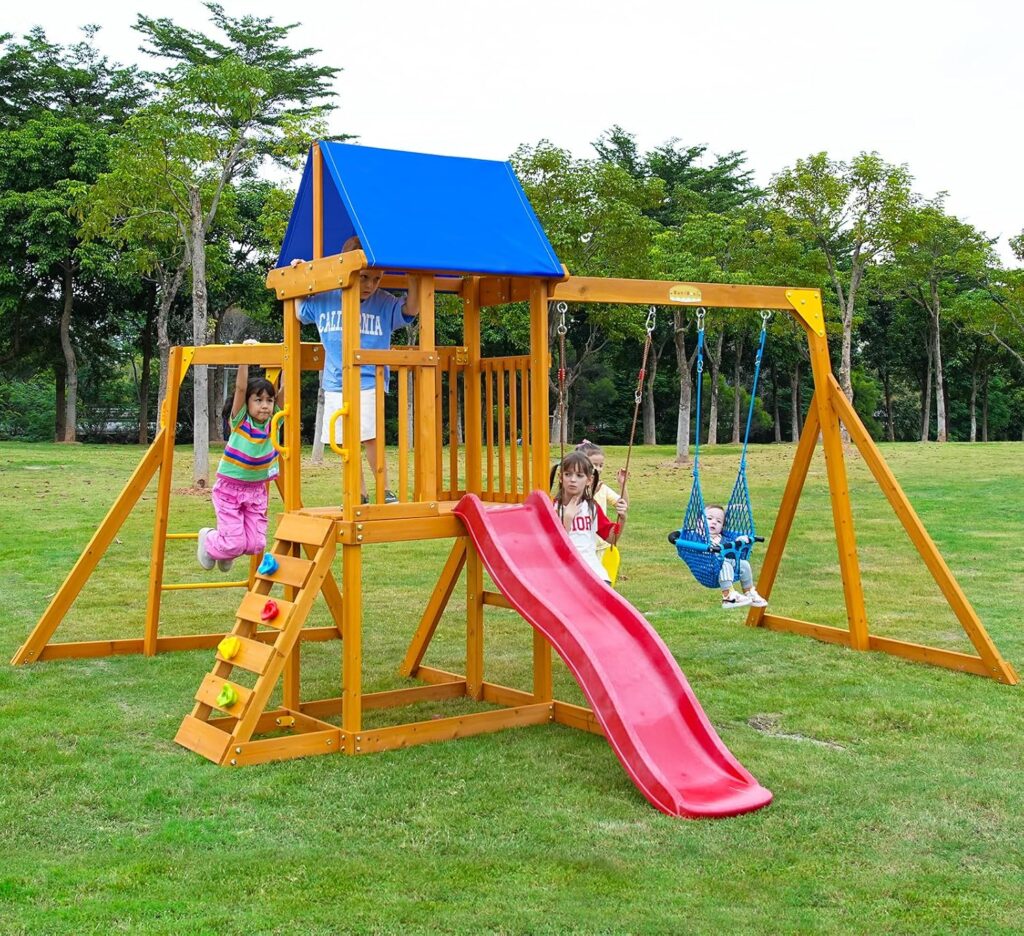 SUNIBOXI Wooden Swing Sets for Backyard, Kids Outdoor Playground Set with Monkey Bars, Wave Slide, 2 Belt Swings, Climbing Ladder, Rock Wall, Play Deck with Canopy