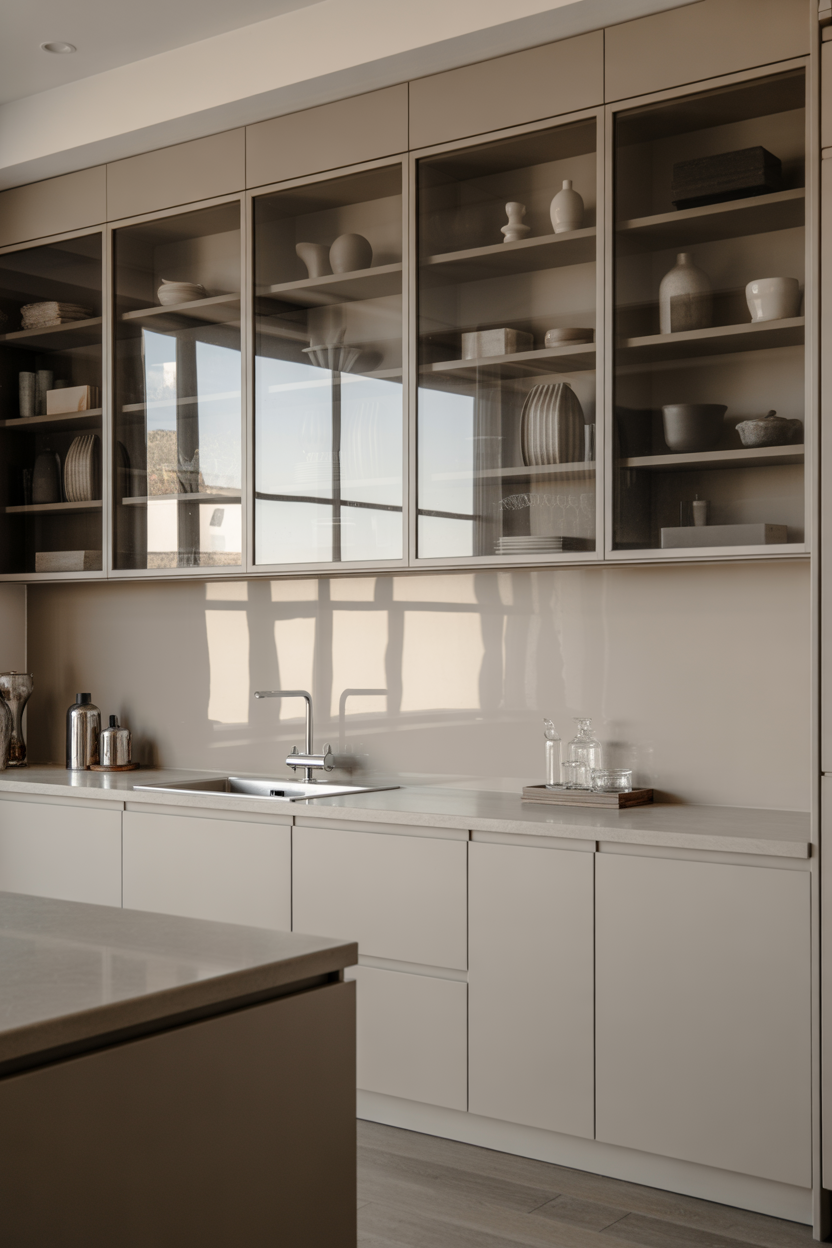 The Charm of Glass Cabinets in a Neutral Setting