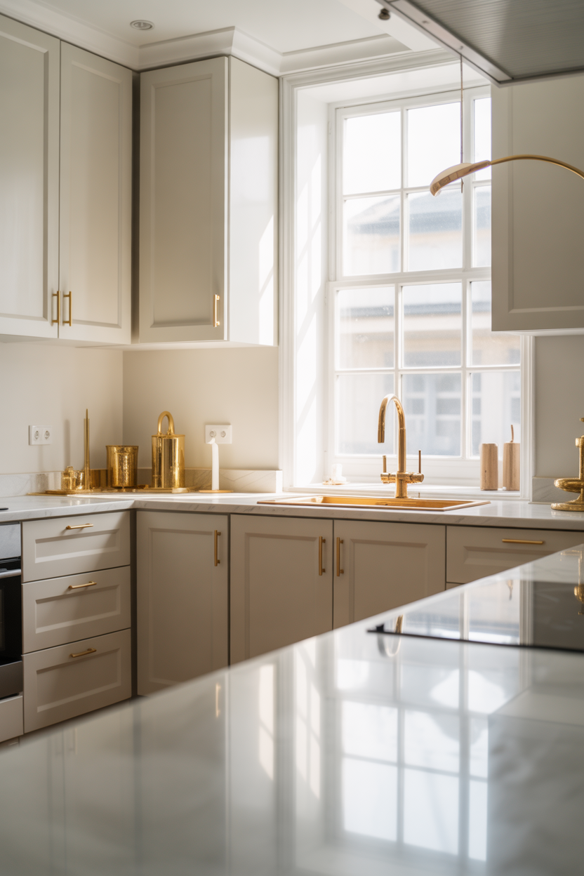 Luxury Touches: Gold Hardware on White Cabinets