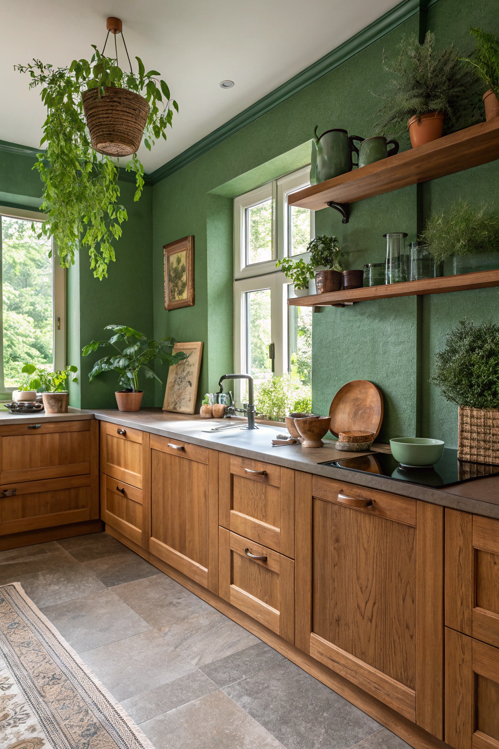 Green Wall and Wood Cabinet Synergy