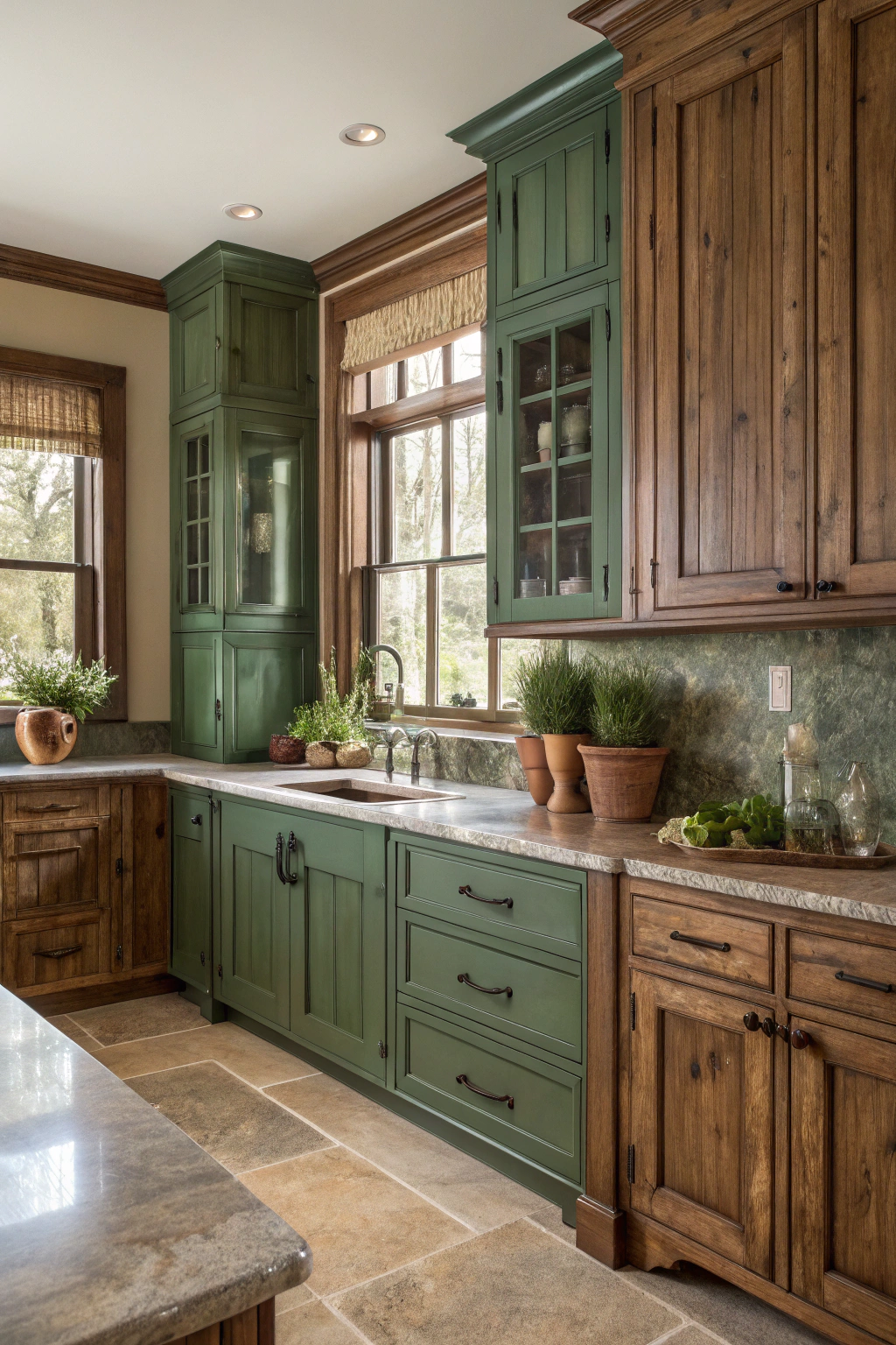 Hickory and Green Kitchen Cabinets