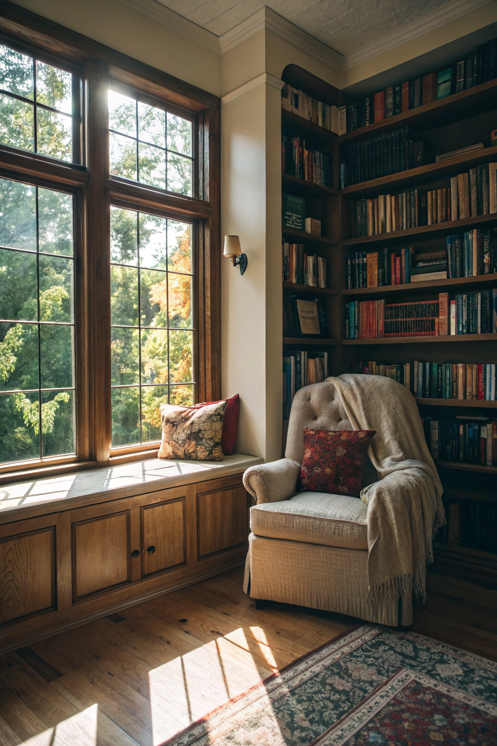 Cozy Reading Corner with Built-In Bookshelves
