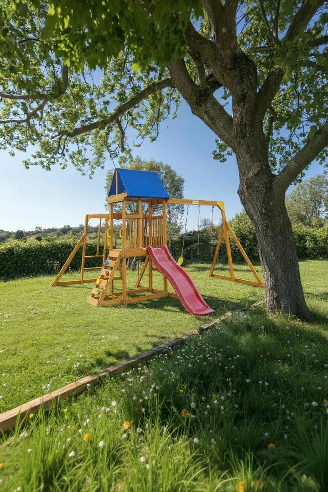 Wooden playground set with blue canopy roof, red slide, and swings positioned on a lush green lawn with wildflowers, framed by trees under a clear blue sky.