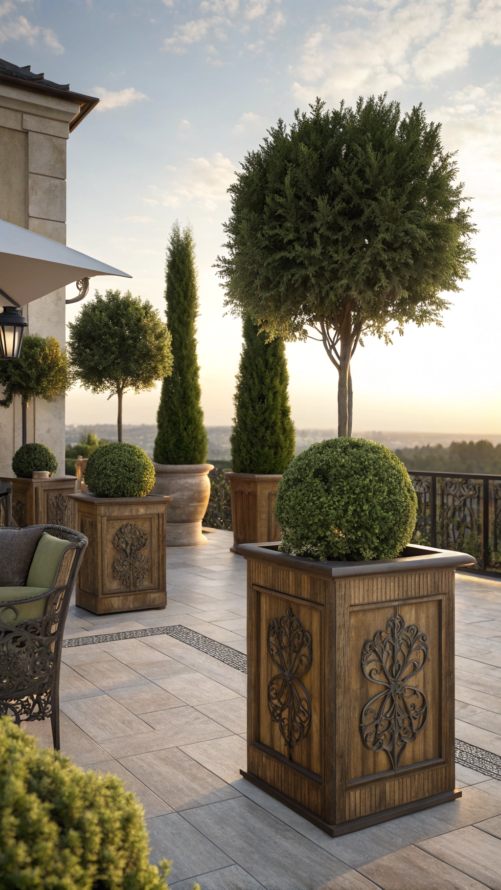 Lush Greenery with Privacy Trees in Planters