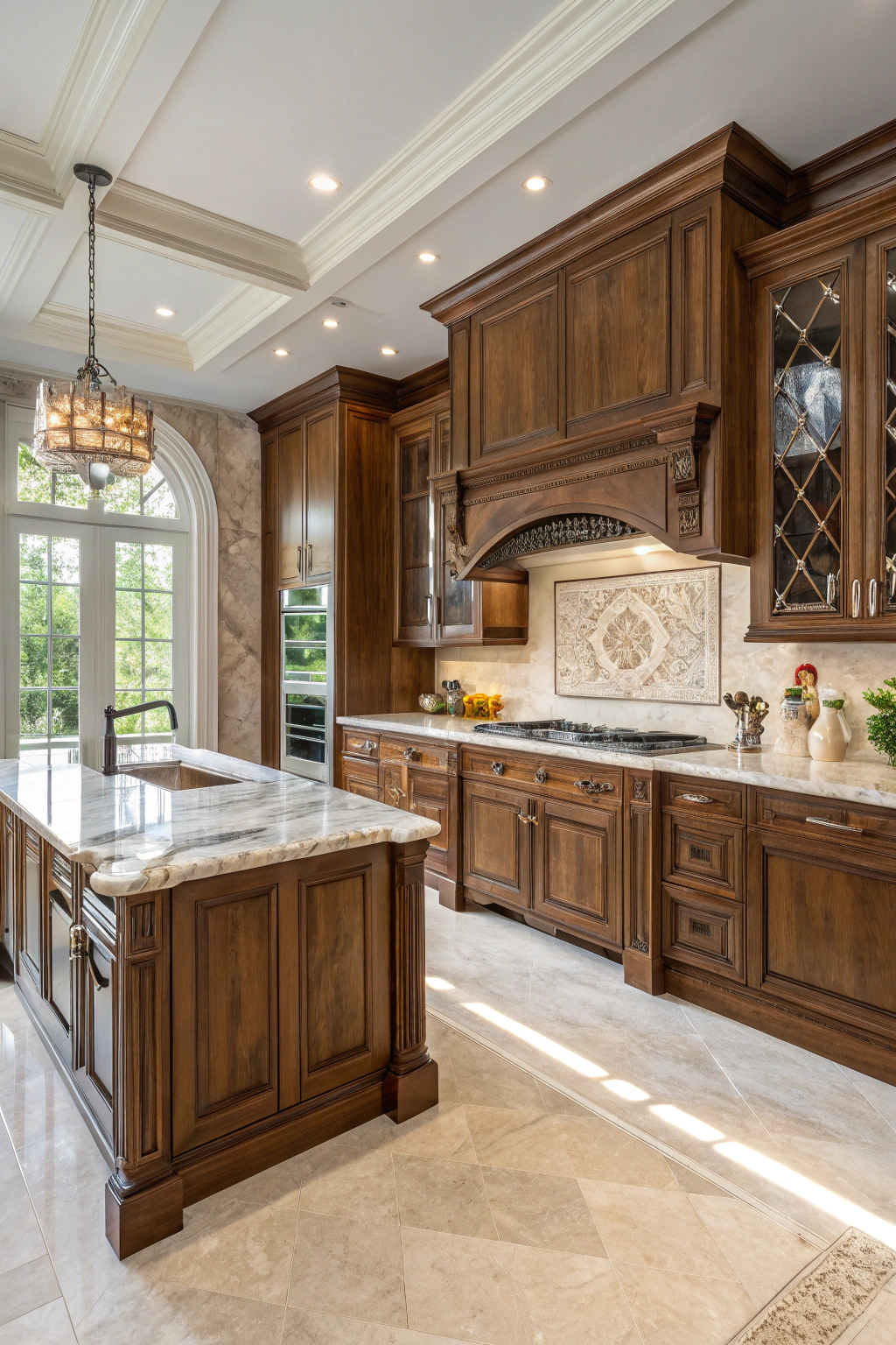 Marble Countertops Paired with Walnut Cabinets