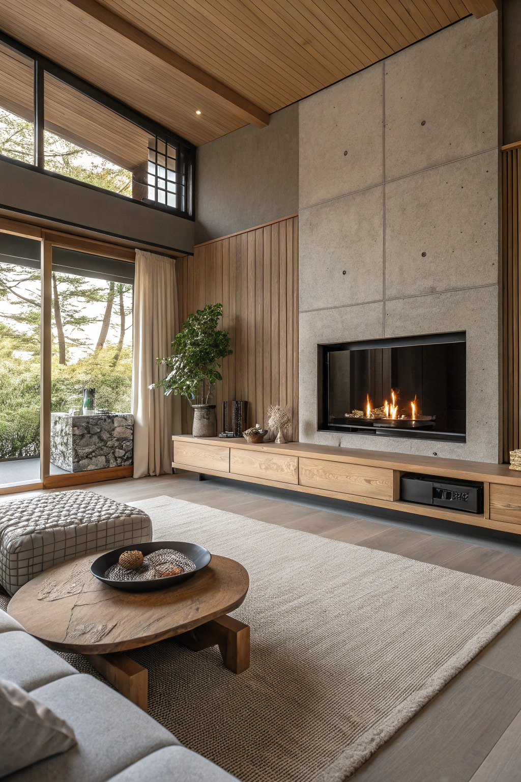 Japandi Living Room with a Modern Fireplace
