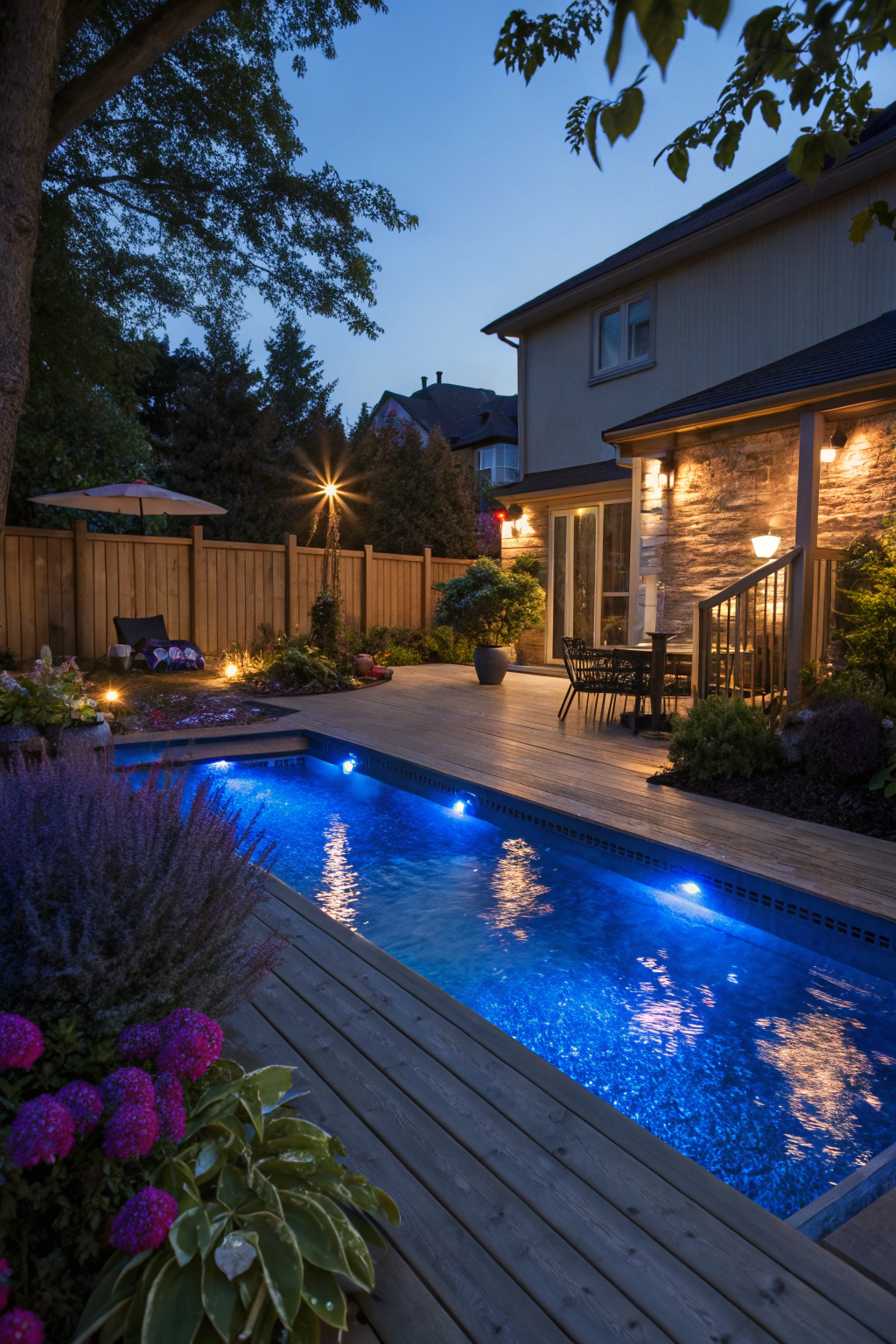 Charming Backyard Pool Lighting with a Touch of Blue