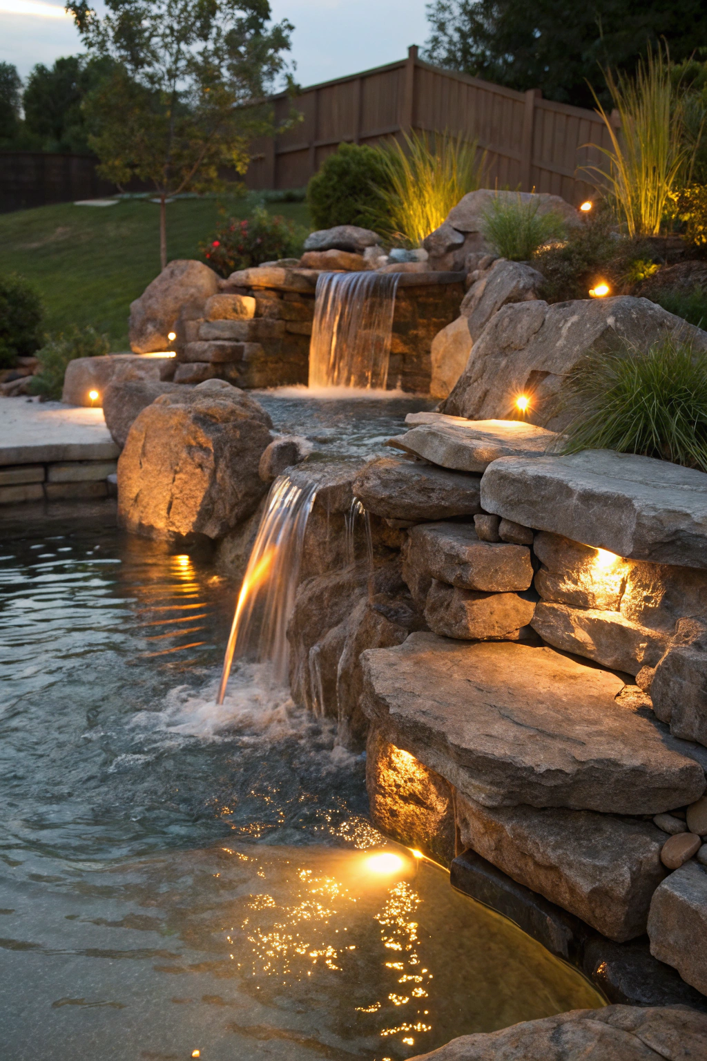Dazzling Pool Waterfalls with Built-in LED Lights