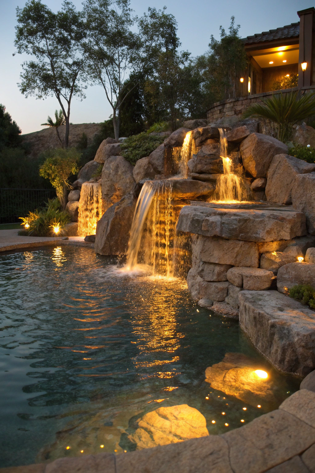 Pool Waterfalls Enhanced by Lights