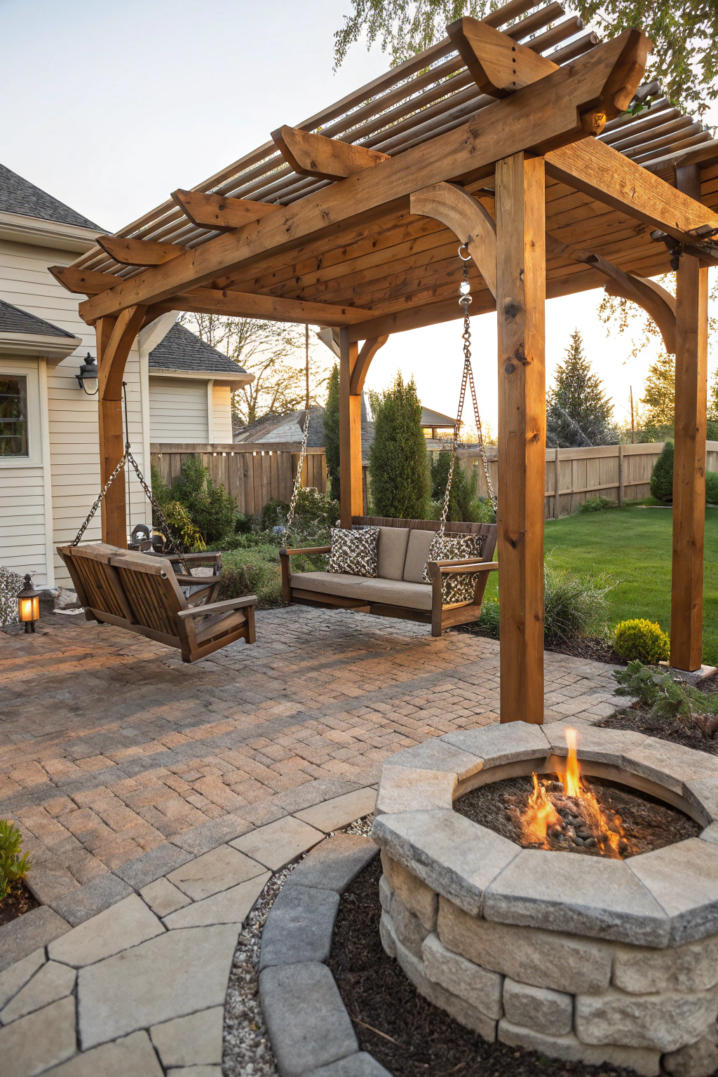 Wooden Pergolas with Swings and Fire Pits