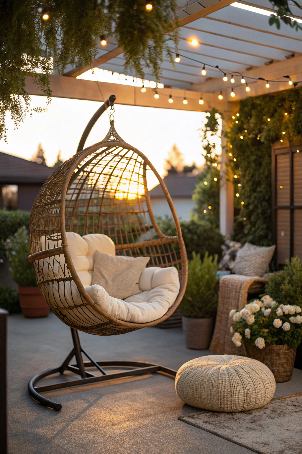 Cozy outdoor reading nook on patio featuring hanging egg chair with cushions, string lights, potted plants, and weather-resistant book storage