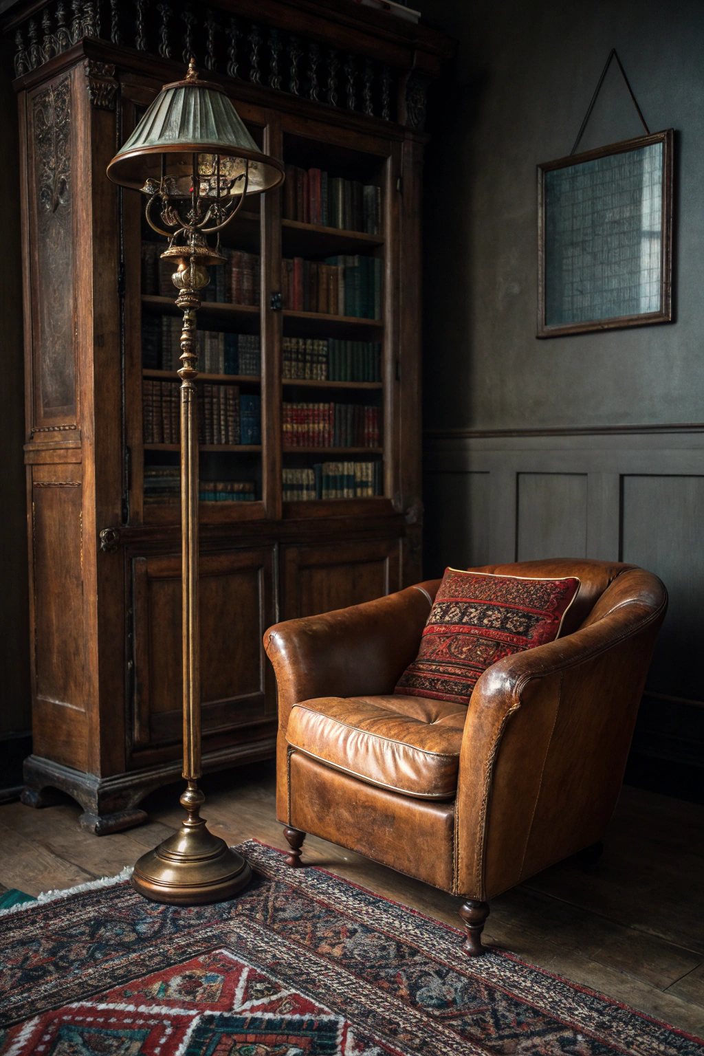 Vintage reading alcove with antique leather armchair, brass reading lamp, ornate bookcase, and Persian rug creating old-world charm