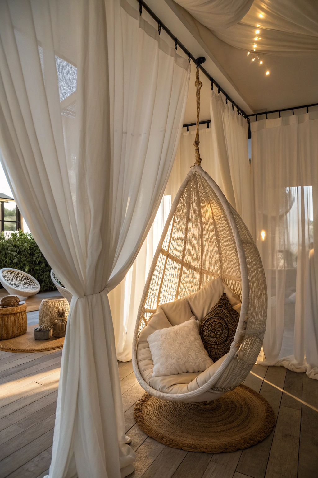 Private reading pod with hanging cocoon chair, flowing curtains, soft lighting, and enclosed design for ultimate reading privacy