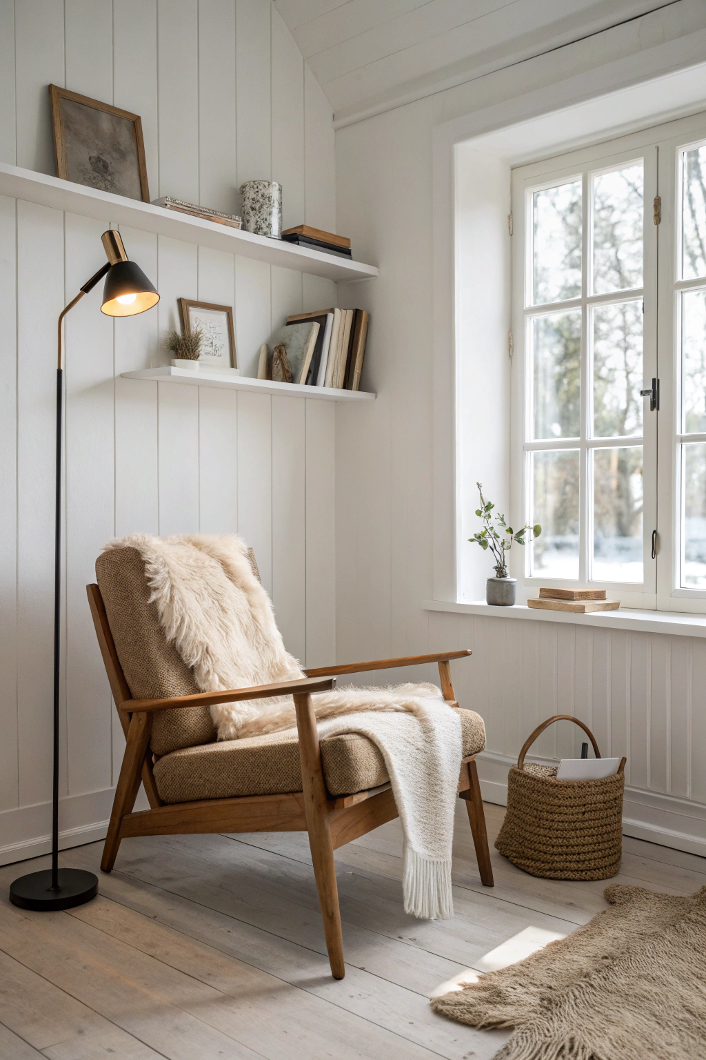 Scandinavian minimalist reading corner with white walls, natural wood chair, sheepskin throw, and simple floor lamp in hygge style