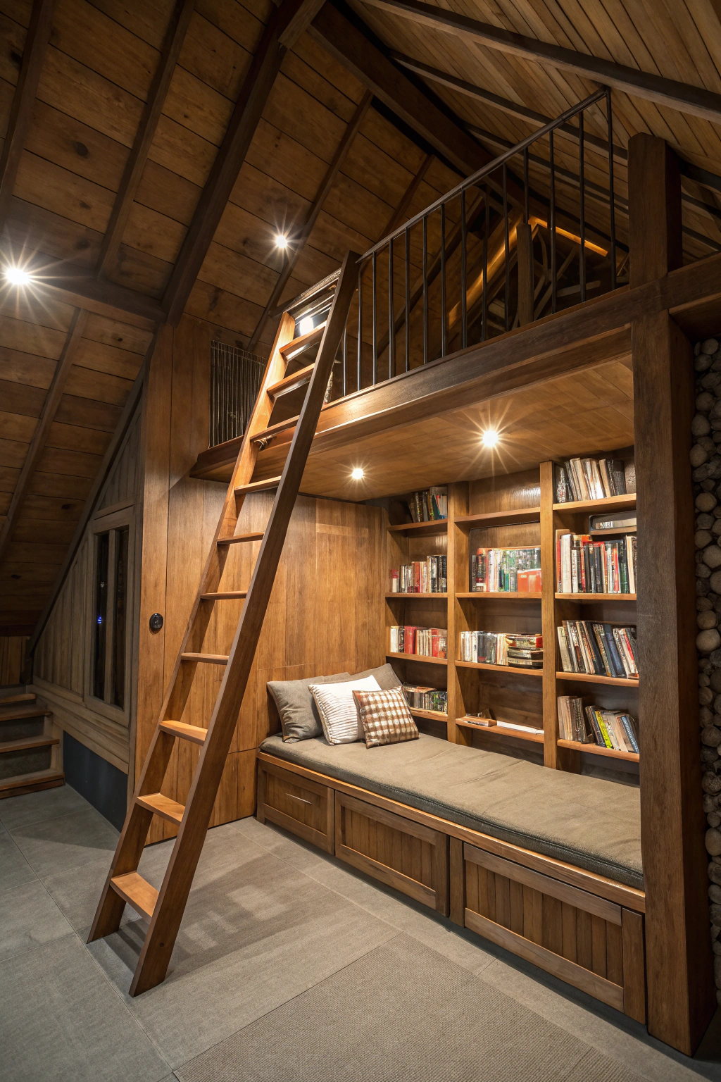 Multi-level reading loft with wooden platform, ladder access, built-in book storage underneath, and cozy seating area above