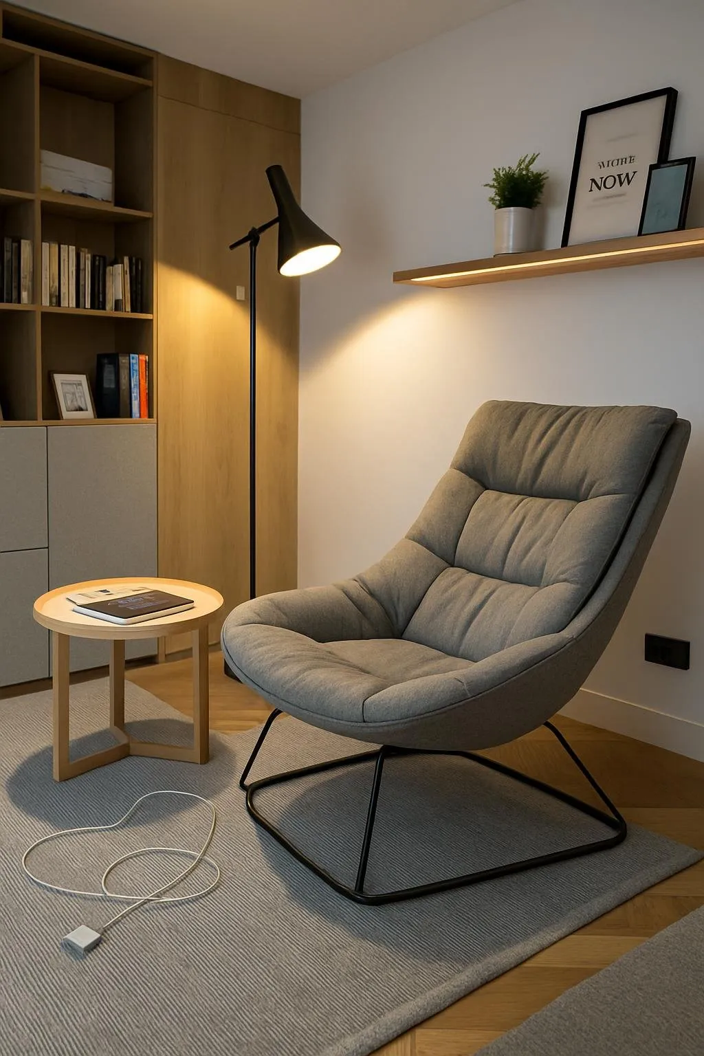 Modern reading nook with integrated technology including wireless charging pad, smart lighting, tablet stand, and contemporary furniture