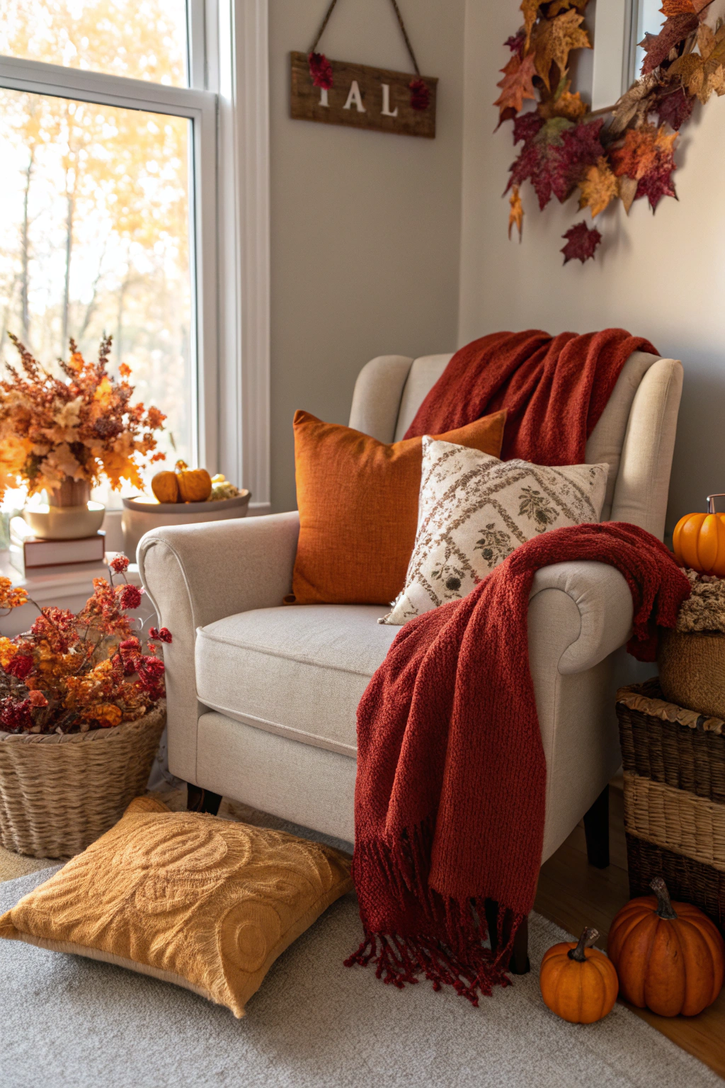 Seasonal reading nook decorated for autumn with warm orange and red throw pillows, wool blankets, and changeable decorative elements