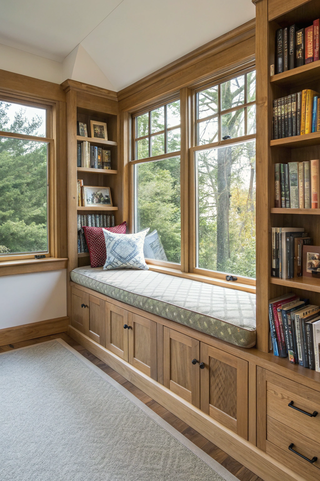 Reading nook with built-in storage solutions including window seat with hidden compartments, ottoman storage, and integrated book cubbies
