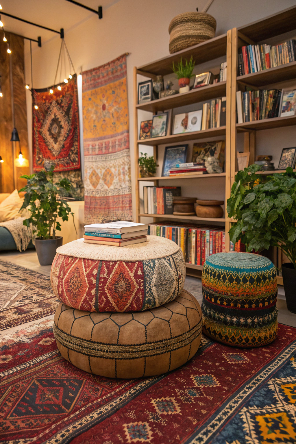 Bohemian reading corner with layered global textiles, Moroccan poufs, colorful tapestries, Persian rugs, and eclectic decorative elements