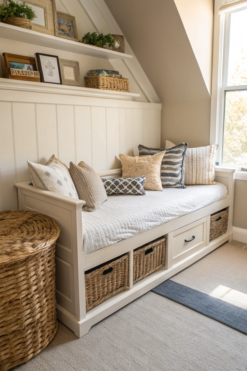 Versatile reading nook with daybed that doubles as guest sleeping space, featuring storage baskets and dual-purpose furniture design