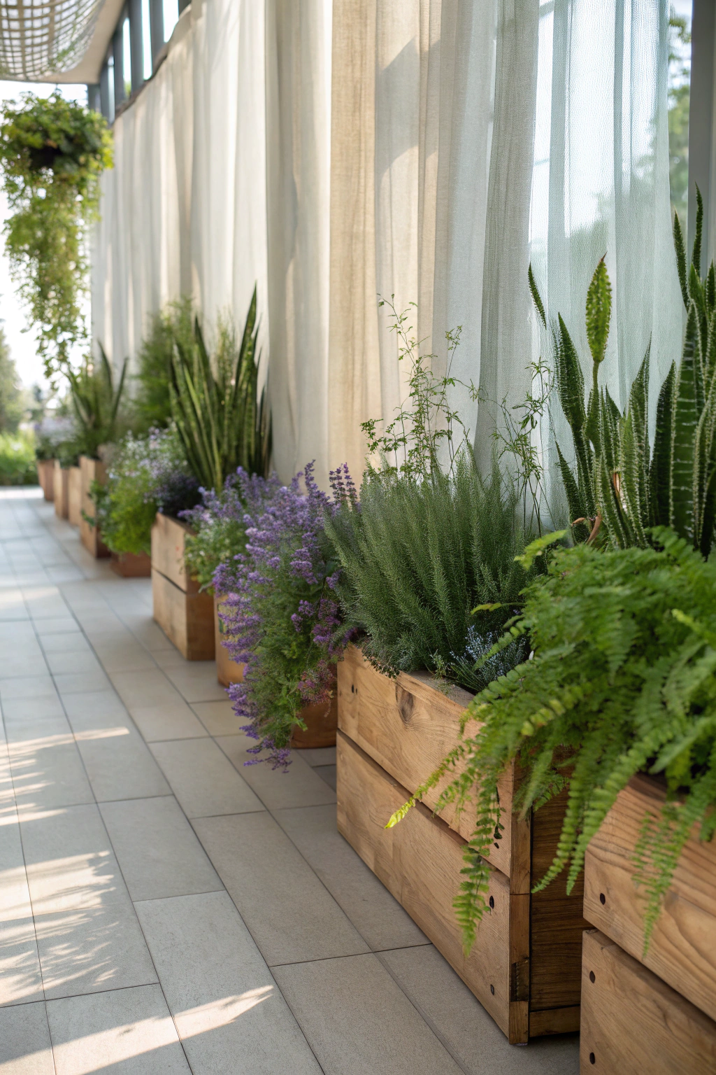 Artistic living wall featuring geometric planters and sculptural metal elements integrated with plants creating modern art installation