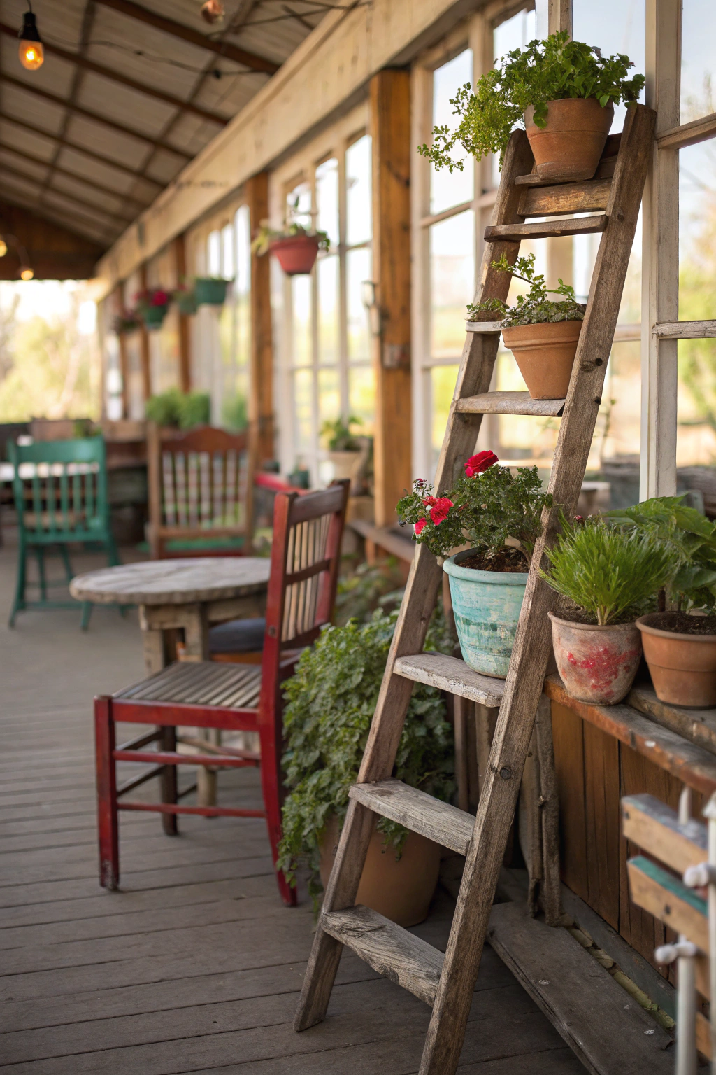 Vintage thrift store furniture arranged on an enclosed patio with potted plants displayed on a repurposed wooden ladder