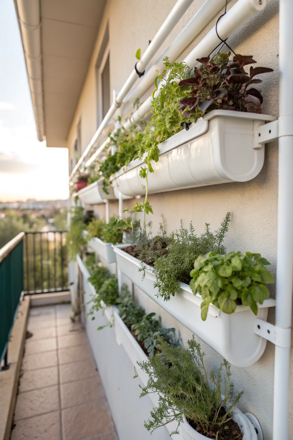 White painted rain gutters mounted on patio wall as vertical planters filled with herbs and small flowering plants