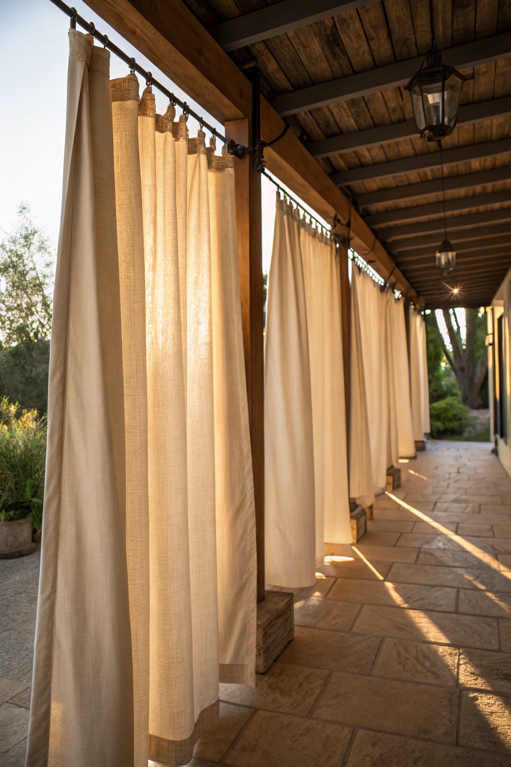 Natural canvas drop cloth curtains hanging on an enclosed patio providing privacy and filtering sunlight