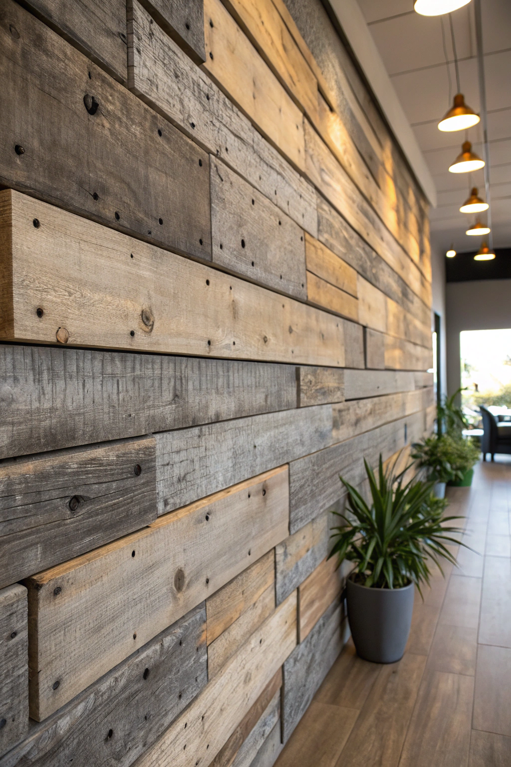 Weathered pallet wood installed as a rustic accent wall on an enclosed patio with hanging plants and seating area