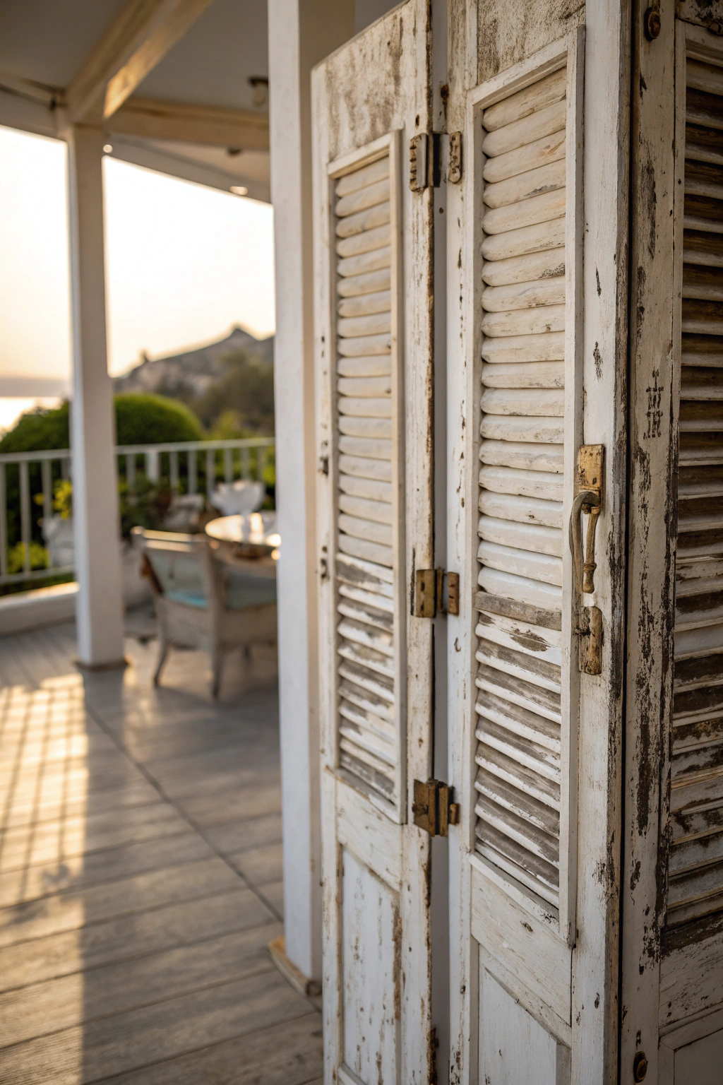 Weathered vintage window shutters used as a decorative room divider on an enclosed patio with plants and seating