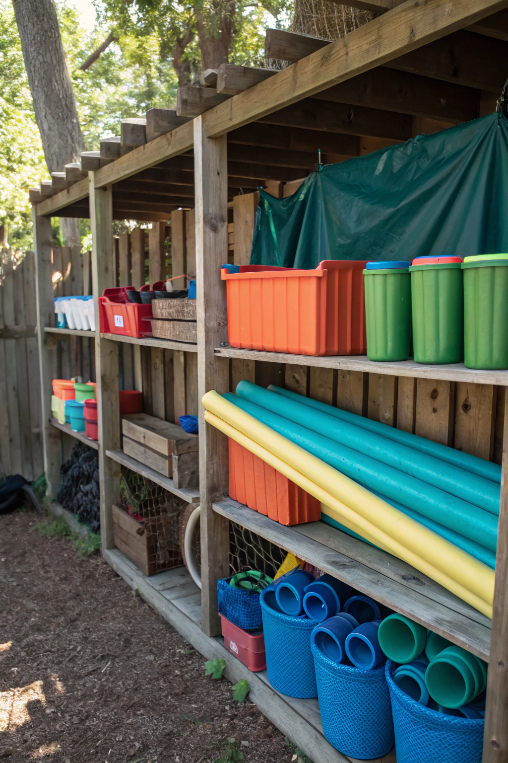 Organized outdoor fort building station with colorful materials and storage containers for kids backyard play