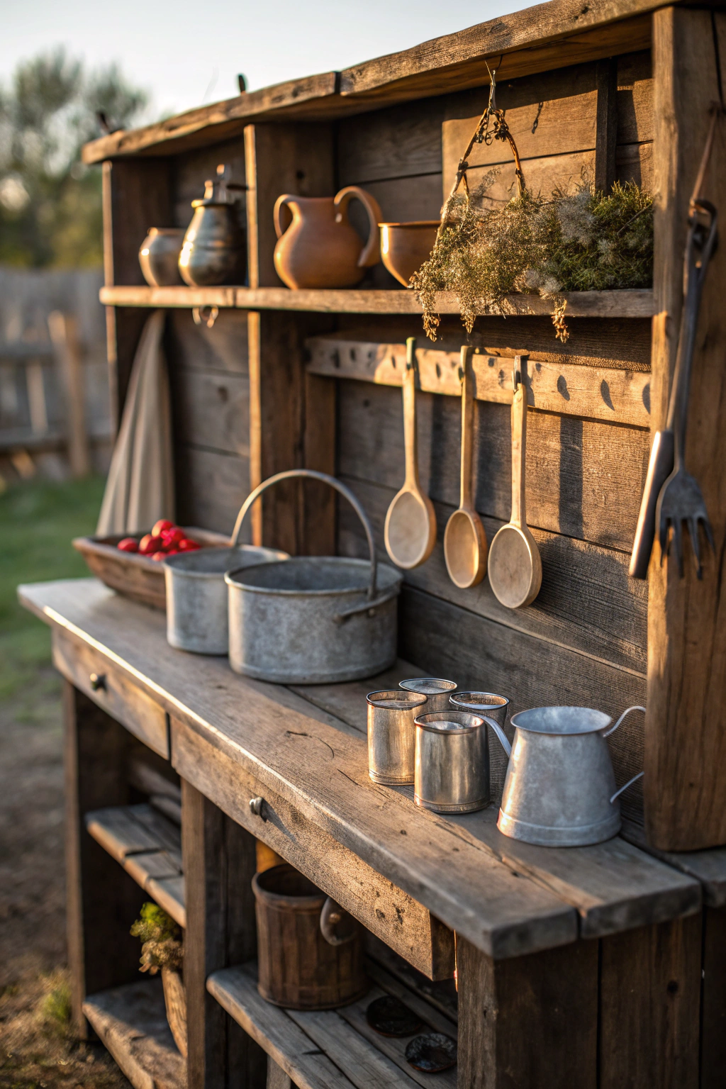 Rustic wooden mud kitchen station in backyard with pots, pans and natural cooking materials for children
