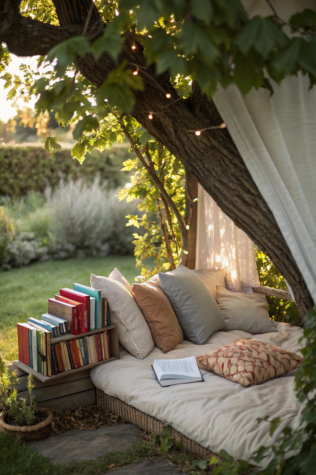 Comfortable outdoor reading nook with cushions and books under tree shade in kids backyard area