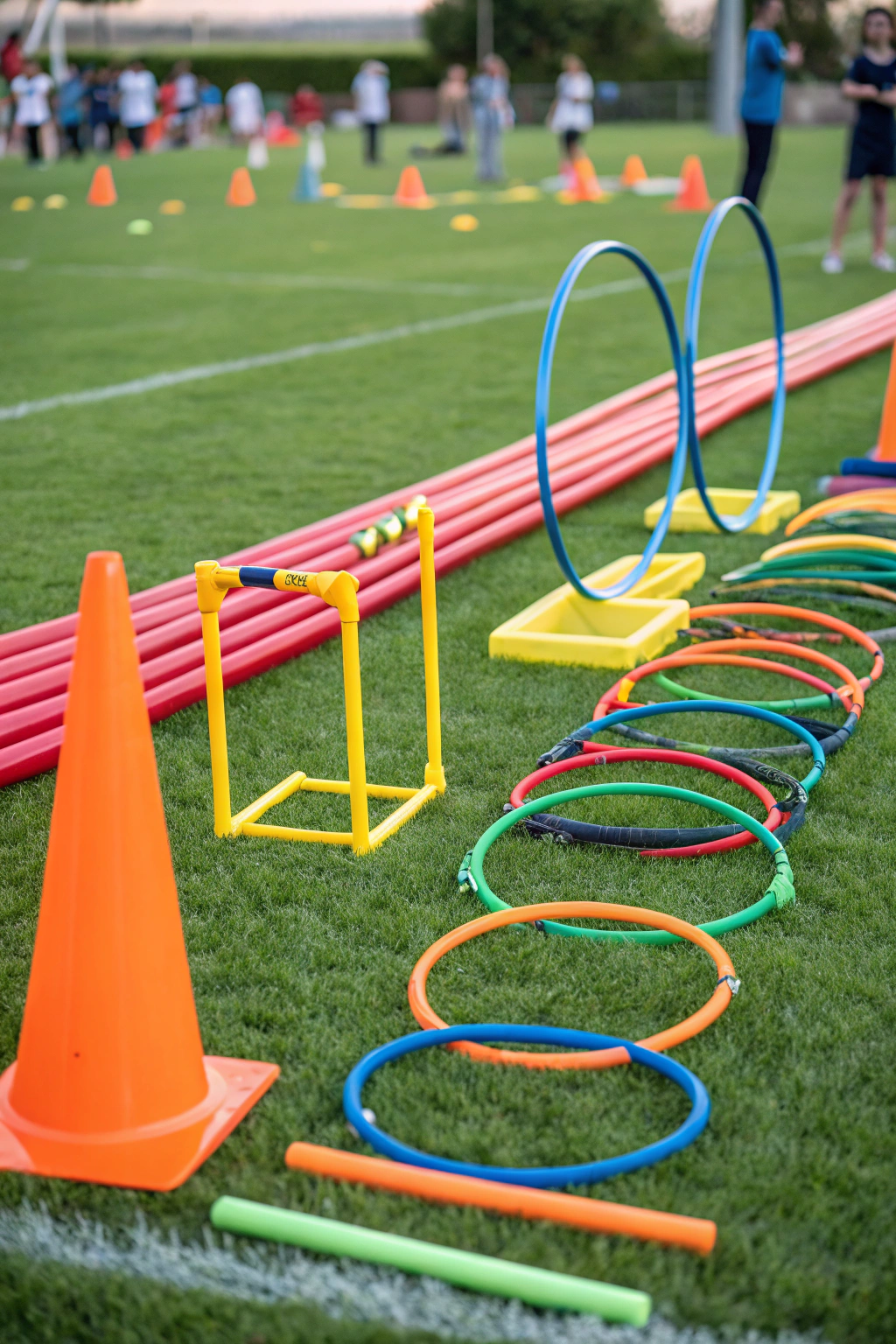 Colorful DIY obstacle course setup in backyard with hula hoops, cones and balance beams for kids