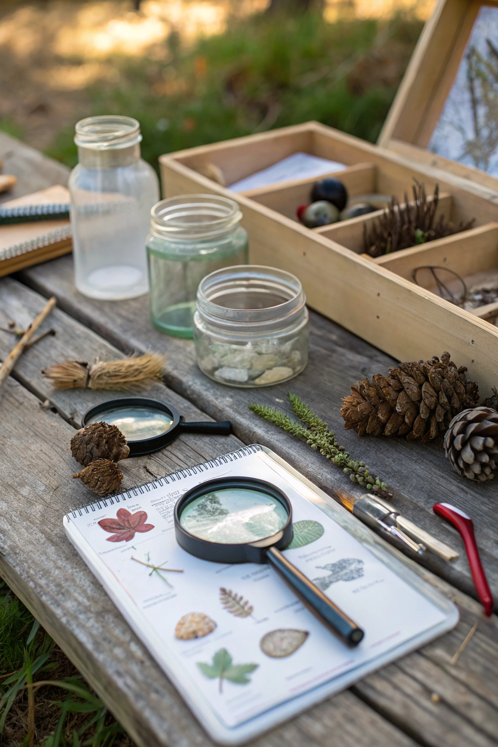 Outdoor science station with magnifying glasses, collection jars and nature exploration tools for kids backyard