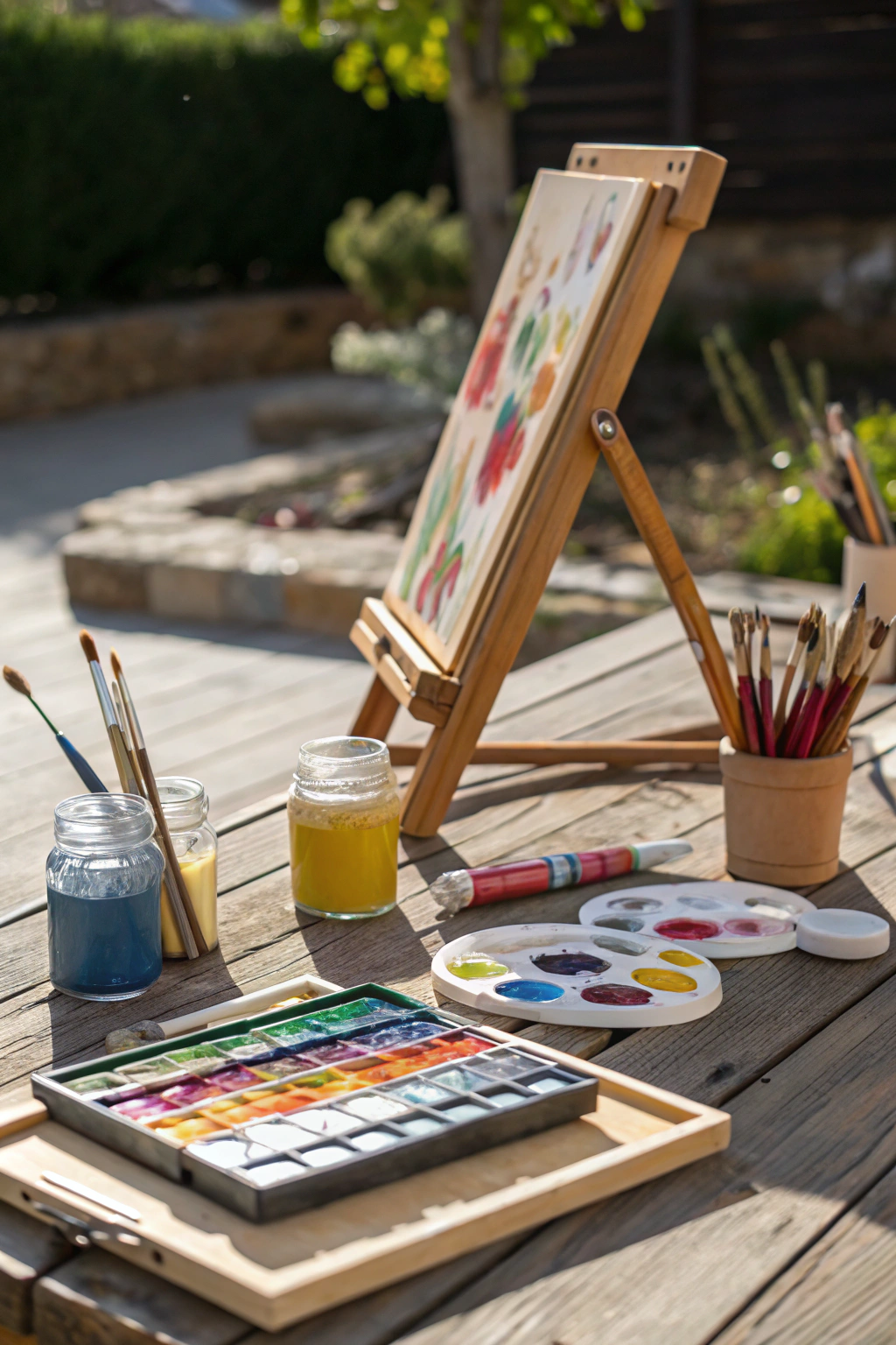 Outdoor art station with easel, paints and creative supplies set up in kids backyard space