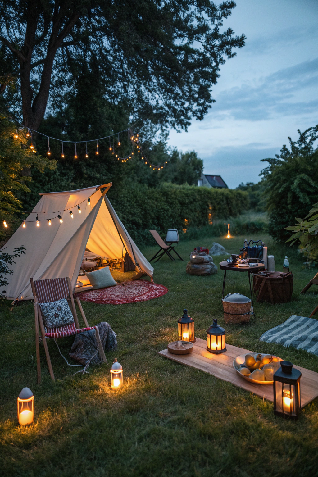 Cozy backyard camping area with tent, lanterns and camping gear for kids outdoor adventures